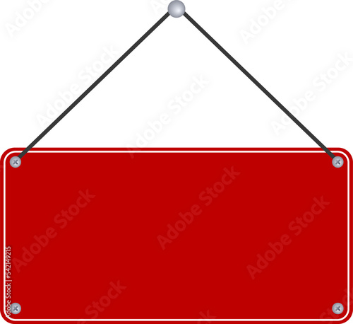 Blank red sign plate hanging on transparent background.
