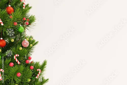 close up Christmas tree decorated with ornament on off white background. 3d rendering. copy space