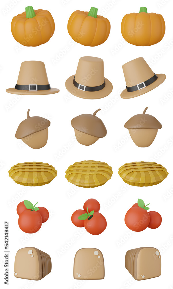 Thanksgiving day Symbols, Icons, Items Set. Festive Items with realistic 3d  pumpkins, Hat, Cheery, pie, Bread, pine cones. Horizontal holiday symbol, isolated on white.