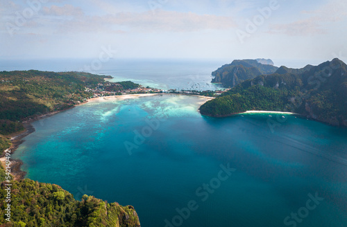 Aerial view of Loh Dalum and tonsai beach in koh Phi Phi islands, Krabi, Thailand