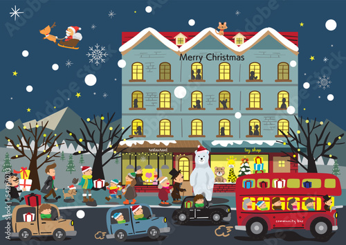 クリスマスの夜まちと行き交う人々の楽しくてかわいいイラスト