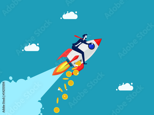 Money flows out of the business. Businessman riding a rocket with money flowing out vector