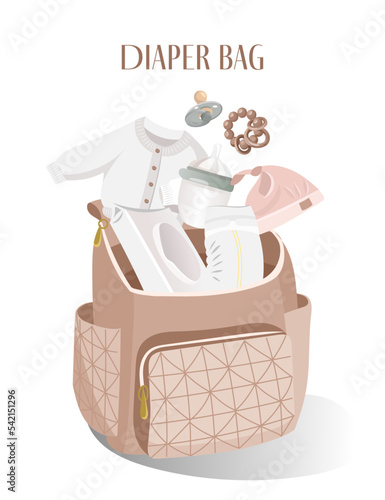 Mom accessories set, Nursery, Diaper bag, Daily woman backpack, Mommy nappy backpack. Baby changing mat, clothes, bottle, rattle, paciefer, wet wipes. Pastel  flat vector illustration.