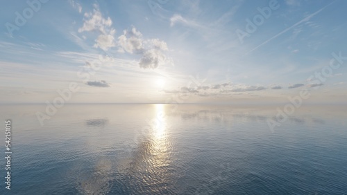 8k calm sea and blue sky view. Sun rise among the clouds. 3d render.