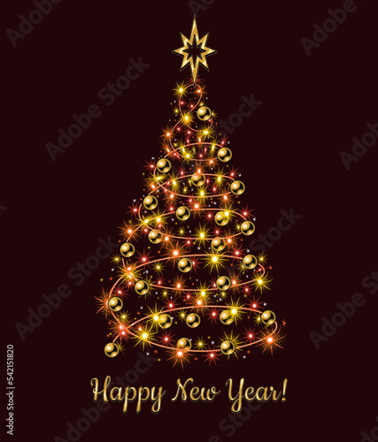 Fancy christmas tree made of festive colorful garland, orange, yellow, red lights, gold balls, bethlehem gold star on top. Glowing sparkles, stars on wire strings. Spiral shape of tree.