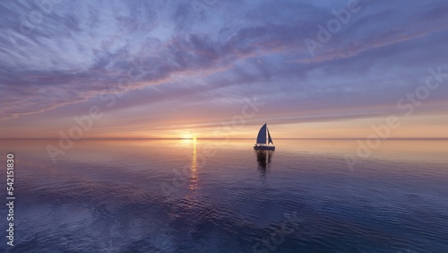 Panorama of sea and sailboat with sunset vanilla sky and colorful clouds . Beautiful calming sunset background. 3d render. © dugu