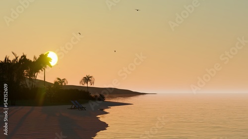 3d render of a tropical beach with sunset sky and chairs on the beach photo