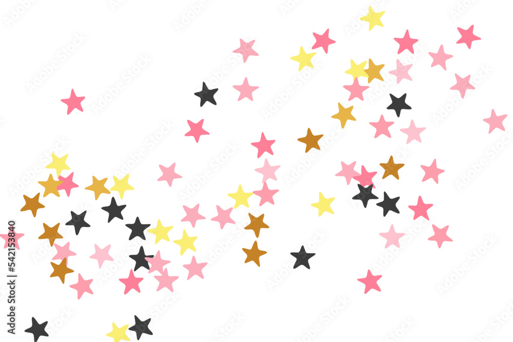 Modern black pink gold stars random vector wallpaper. Many stardust spangles New Year decoration elements. Dreams stars random backdrop. Spangle particles congratulations decor.