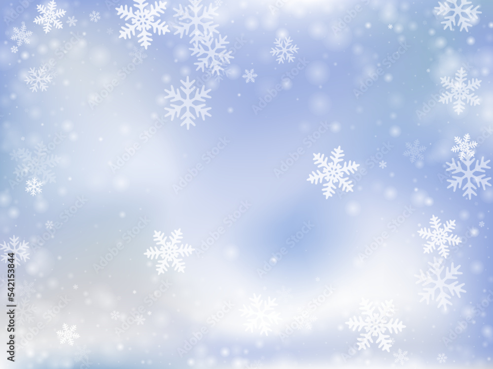 Minimal flying snow flakes background. Snowstorm dust frozen particles. Snowfall sky white blue composition. Rime snowflakes january theme. Snow cold season landscape.