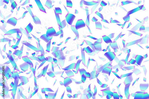 Modern falling confetti scatter vector illustration. Blue  hologram particles new year vector. Surprise burst flying confetti. Holiday celebration decoration background. Joy particles.