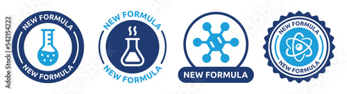 New formula sign collection. Flask, atomic and molecule symbol on round badge icon set. Vector illustration.