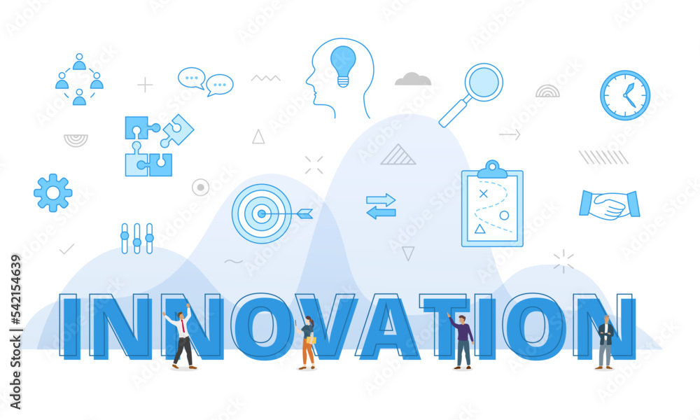 innovation concept with big words and people surrounded by related icon spreading with modern blue color style