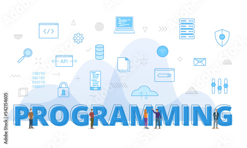 programming code software development campaign concept with big words and people surrounded by related icon spreading with modern blue color style © teguhjatipras