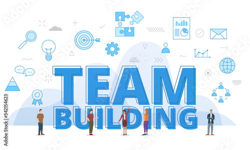 team building people business concept with big words and people surrounded by related icon spreading with modern blue color style