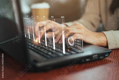 Business analysis data and economic with finance graph. Concept of virtual diagram chart technology digital marketing to connect global network. 3D illustration.