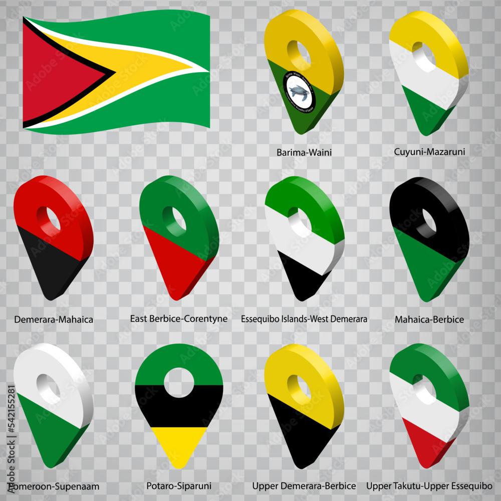 Ten flags of Guyana alphabetical order with name. Set of 3d