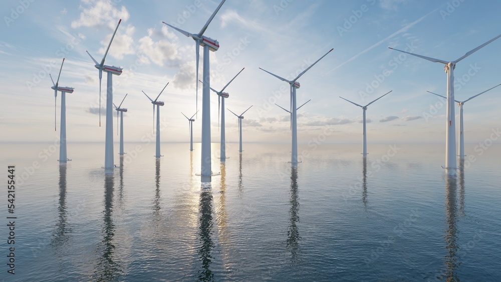 8k 7640x4320. Ocean Wind Farm. Windmill farm in the ocean. Offshore wind turbines in the sea at sunset. 3d render. 8k 7640x4320. Ocean Wind Farm. Windmill farm in the ocean. Offshore wind turbines in the sea at sunset. 3d render.
