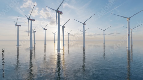 8k 7640x4320. Ocean Wind Farm. Windmill farm in the ocean. Offshore wind turbines in the sea at sunset. 3d render.