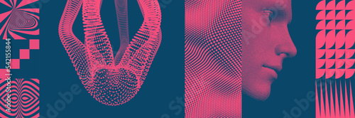 Art composition. Cover design template. Side view of dotted face background. 3D vector illustration for brochure, poster, card, invitation, poster, textile print, presentation, flyer or banner.