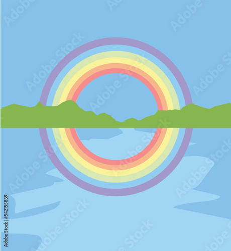 lake reflection horizont rainbow beautiful landscape road view nature vector illustration sun