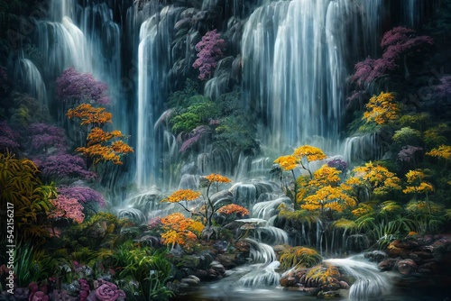 enchanted waterfall garden in the forest