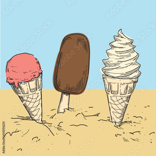ice cream three different types dipped in sand cone gelato summer food yummy sugar creams fresh resfreshment icon hot day at sea paradise chocolate icecream waffle cone isolated on white background