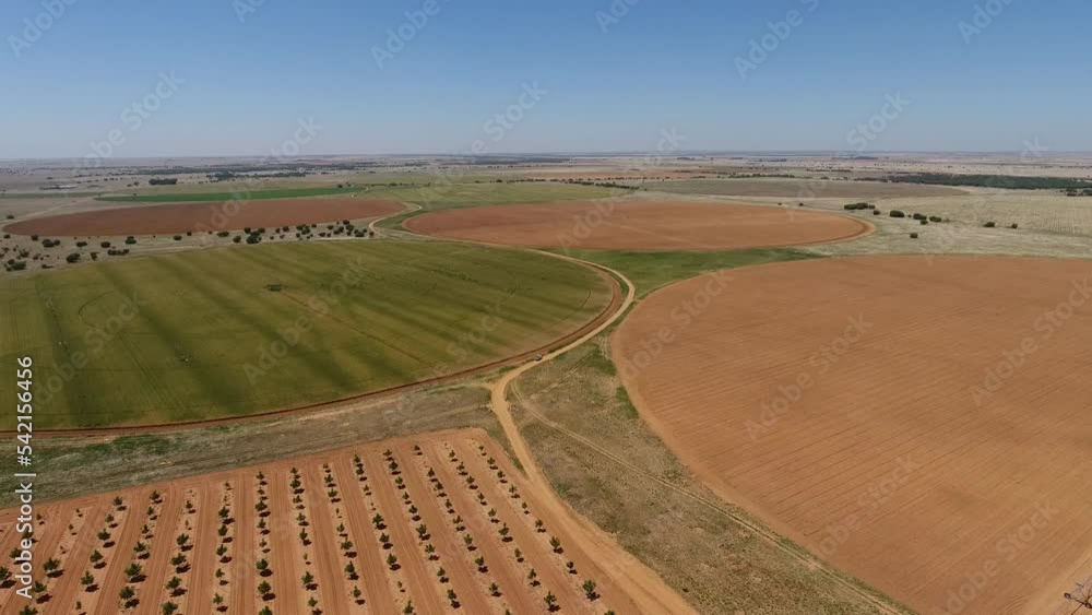 High aerial view of many irrigation circles(pivots) with wheat, corn and potato crops stock video High aerial view of many irrigation circles(pivots) with wheat, corn and potato crops stock video