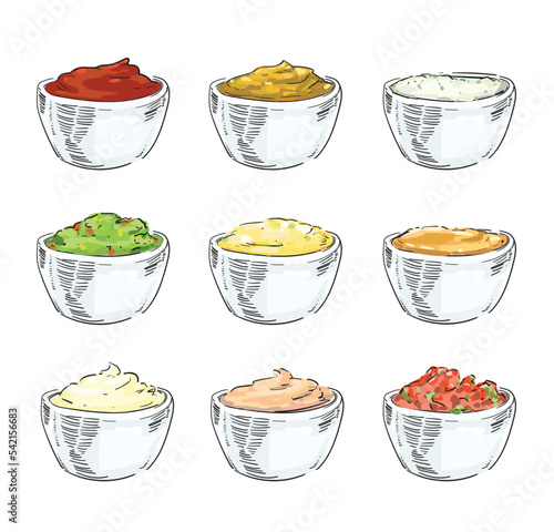 set of different set of dips and sauces ketchup mustard guacamole mayo salsa spicy mayo hand draw american icon new york fast food illustration on white background