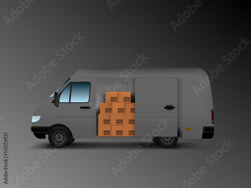 3D Delivery Van Full Of Cardboard Boxes Isolated