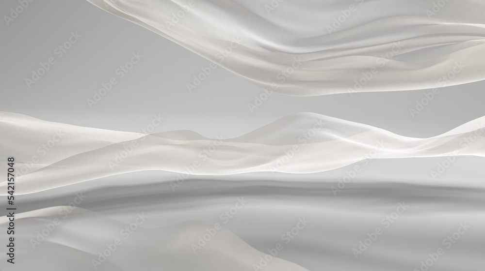 3d render. Abstract fashion background with white silk cloth flying above the floor inside the white room. 3d render. Abstract fashion background with white silk cloth flying above the floor inside the white room.
