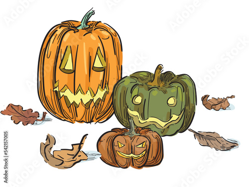 jakc o lantern pumpkin crawing Hand-Drawn halloween spooky decoration tradition Autumn october Pumpkins different typesIllustration isolated on white background