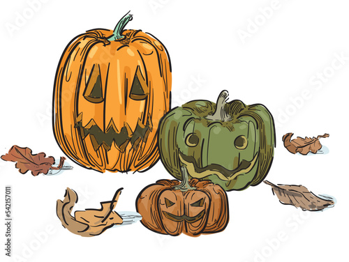 jakc o lantern pumpkin crawing Hand-Drawn halloween spooky decoration tradition Autumn october Pumpkins different typesIllustration isolated on white background