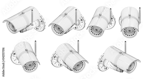 Set with cctv camera wireframe in different positions from black lines isolated on white background. Isometric view rotates right and left. 3D. Vector illustration.