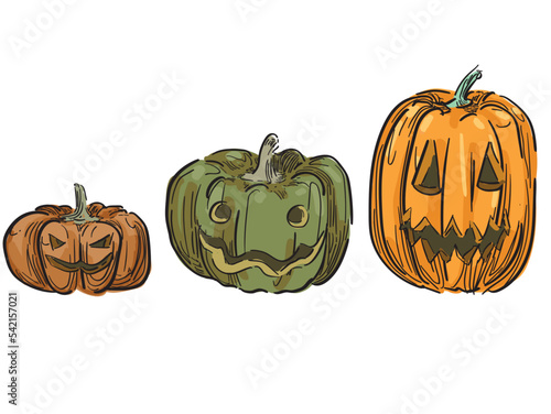 jakc o lantern pumpkin crawing Hand-Drawn halloween spooky decoration tradition Autumn october Pumpkins different typesIllustration isolated on white background photo