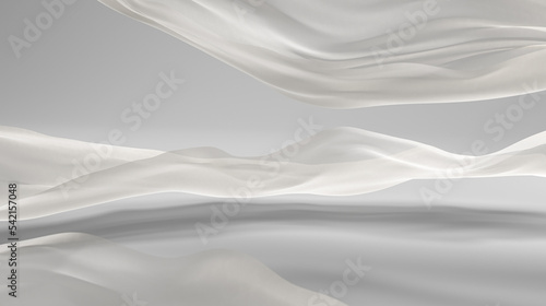 3d render. Abstract fashion background with white silk cloth flying above the floor inside the white room.