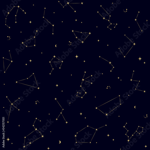 Seamless pattern with stars and constellations. Starry night sky, galaxy background. Vector illustration.