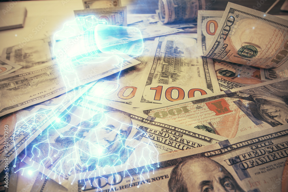Double exposure of man wearing VR glasses drawing over usa dollars bill background. Concept of virtual reality. Double exposure of man wearing VR glasses drawing over usa dollars bill background. Concept of virtual reality.