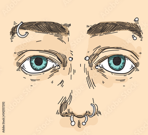 piercing face eybrow bridge septum nostril piercings on face eyes look face illustration line drawing colored skin color background