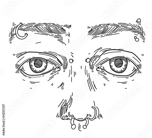 piercing face eybrow bridge septum nostril piercings on face eyes look face illustration line drawing on white background