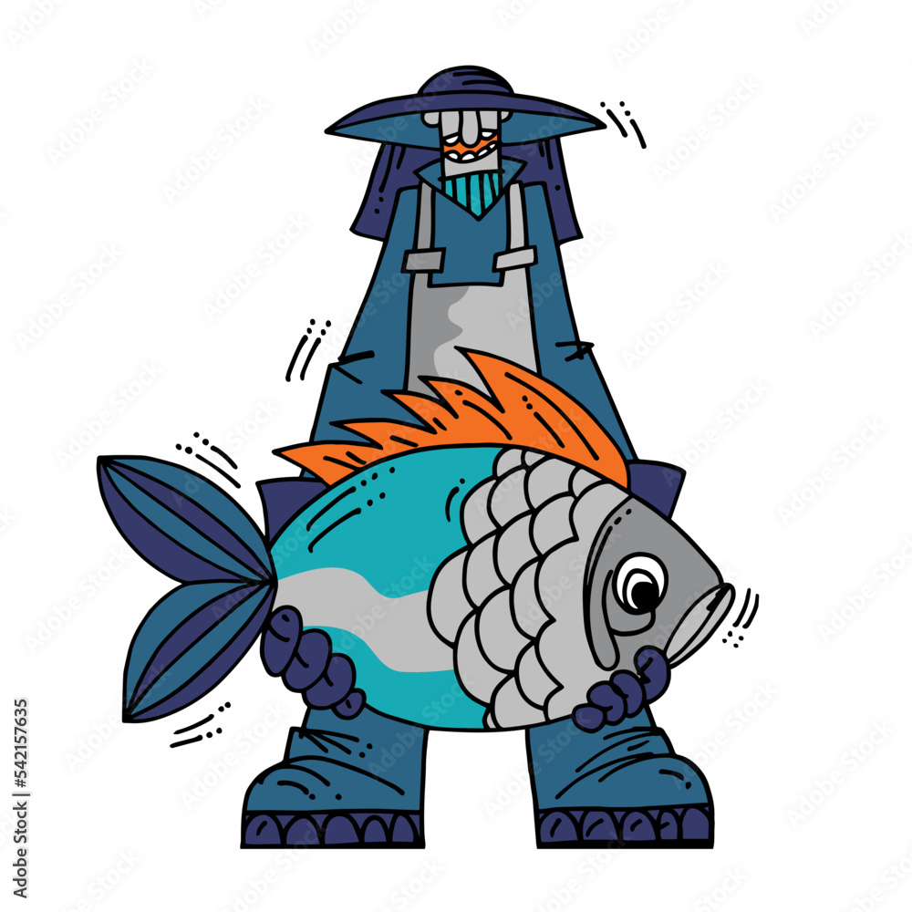 Fisherman holding a big fish isolated on white background. Funny portrait of fisherman with big carp fish in his hands comic vector illustration. Fisherman holding a big fish isolated on white background. Funny portrait of fisherman with big carp fish in his hands comic vector illustration.