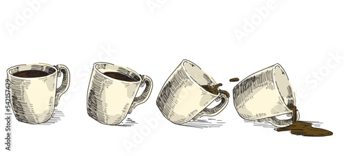 mug cup of coffee movement fall phases stop motion spill out falling spilling