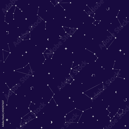 Seamless pattern with stars and constellations. Starry night sky, galaxy background. Vector illustration.