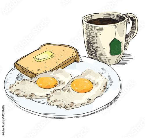 british breakfast black tea toast with butter fried egg bread homemade brunch food eggs restaurant illustration on white background