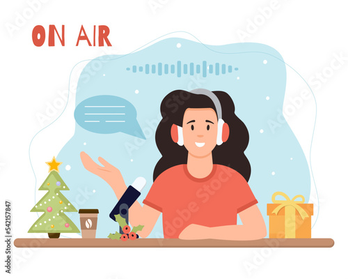 Christmas mood. Podcast concept. Woman talking with the audience. Podcaster on the air.