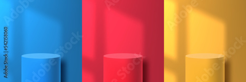 3D Round Cilinder Blue, Red And Yellow Podium