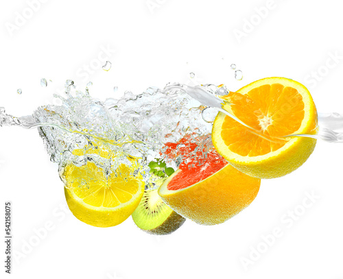 Fruits mix splashing into clear water isolated on white background