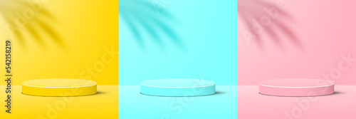 Yellow, Blue And Pink Podium With Palm Leaf Shadow