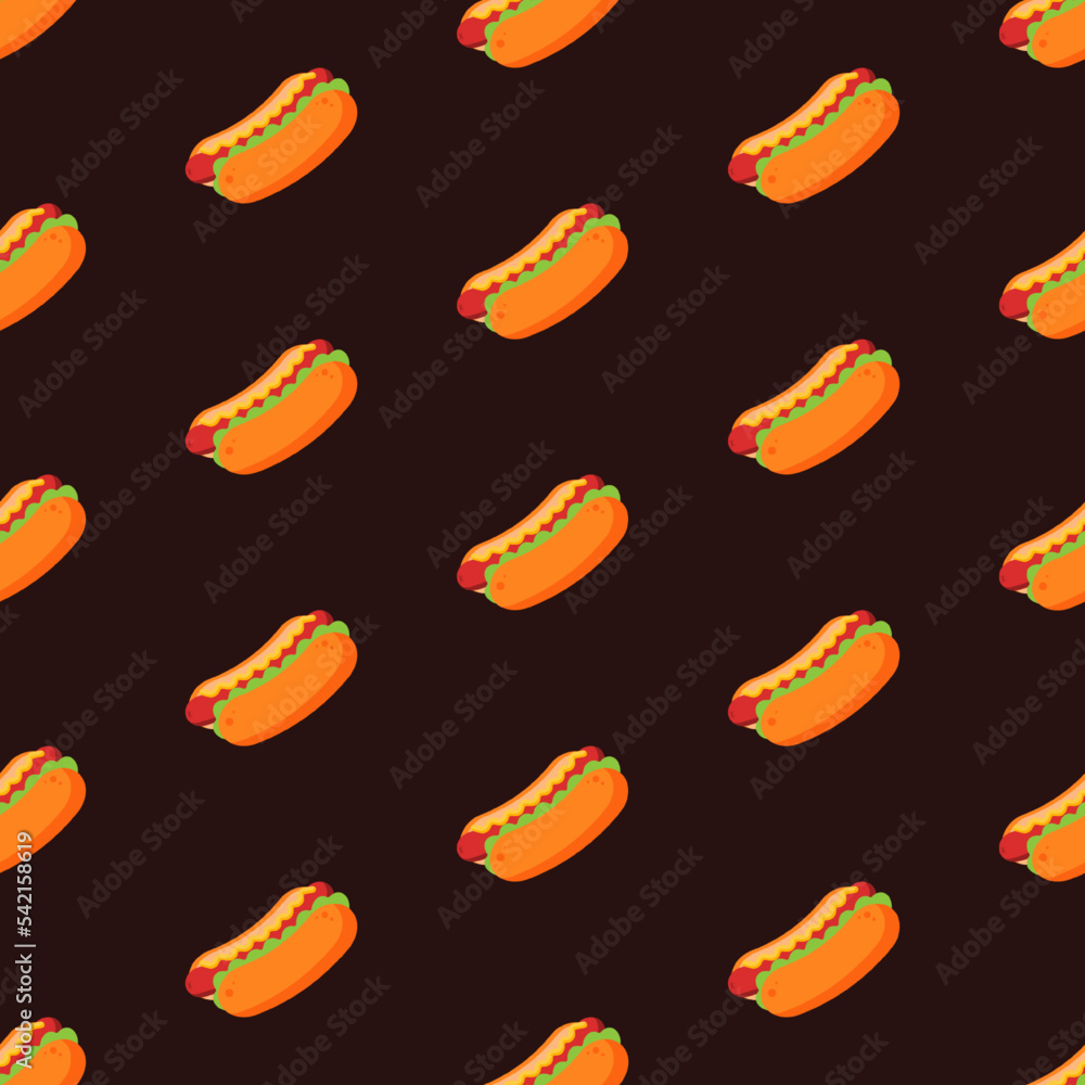 Delicious hot dog seamless pattern. Fast food icon background. Restaurant menu concept wallpaper. Cute cartoon cuisine vector illustration backdrop. American dish. Graphic design element. Delicious hot dog seamless pattern. Fast food icon background. Restaurant menu concept wallpaper. Cute cartoon cuisine vector illustration backdrop. American dish. Graphic design element.