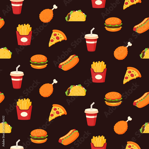 Fast food seamless pattern.  hamburger, fried chicken, hot dog, soft drink, pizza, taco, and french fries icon background. Restaurant menu concept wallpaper. Cute cartoon vector illustration backdrop.