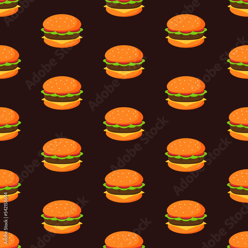 Delicious hamburger seamless pattern. Burger icon background. Fast food restaurant menu concept wallpaper. Cute cheeseburger cartoon flat vector illustration. Cuisine backdrop. American dish design.